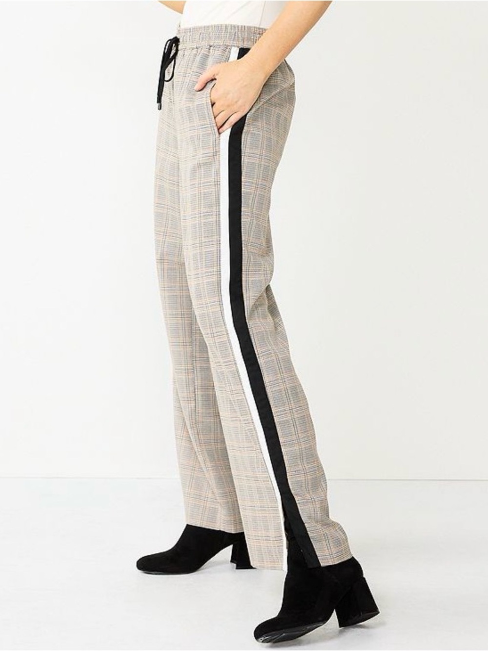 Nine West Plaid Wide-Leg Pants with Black & White Side Stripes